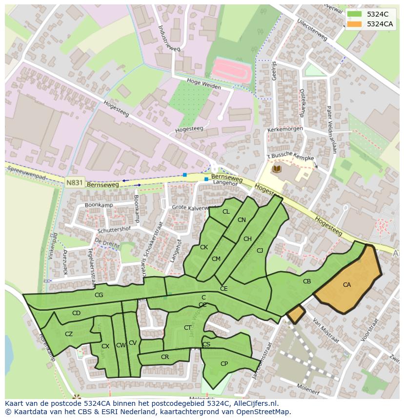 Afbeelding van het postcodegebied 5324 CA op de kaart.