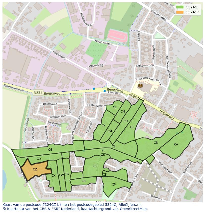 Afbeelding van het postcodegebied 5324 CZ op de kaart.