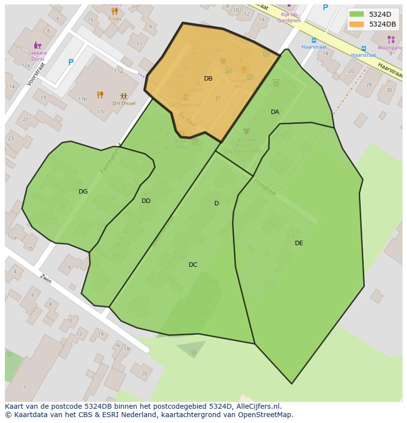 Afbeelding van het postcodegebied 5324 DB op de kaart.