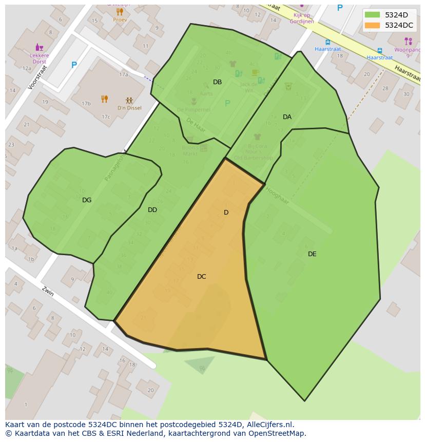Afbeelding van het postcodegebied 5324 DC op de kaart.