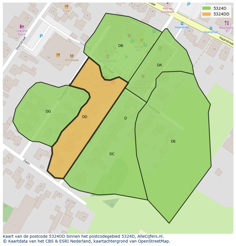 Afbeelding van het postcodegebied 5324 DD op de kaart.
