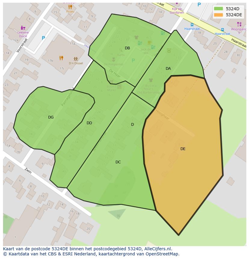 Afbeelding van het postcodegebied 5324 DE op de kaart.