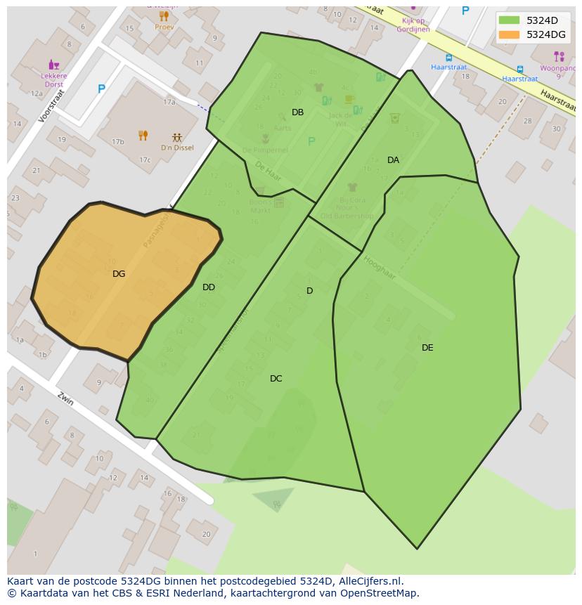 Afbeelding van het postcodegebied 5324 DG op de kaart.