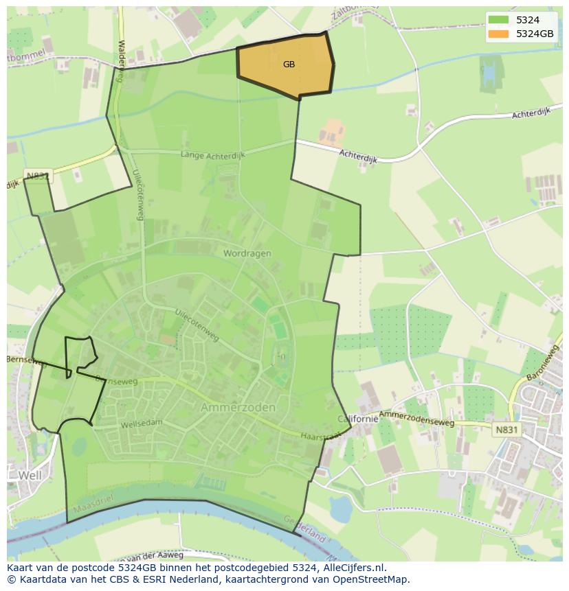 Afbeelding van het postcodegebied 5324 GB op de kaart.