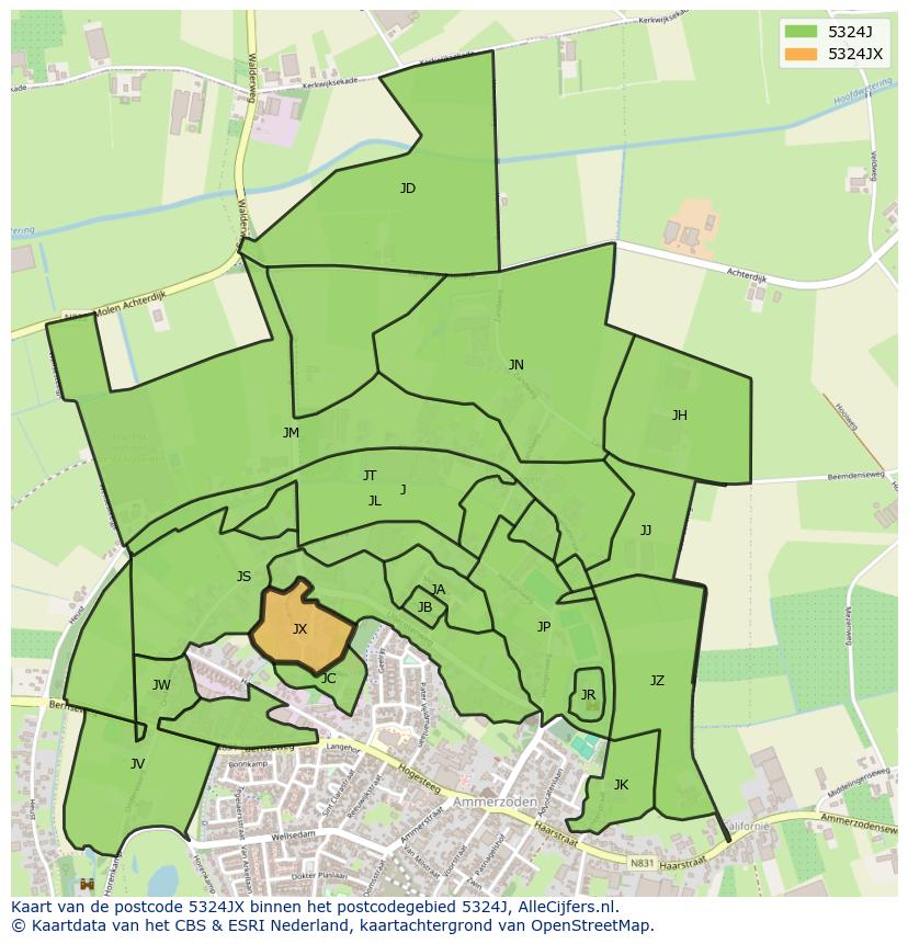 Afbeelding van het postcodegebied 5324 JX op de kaart.