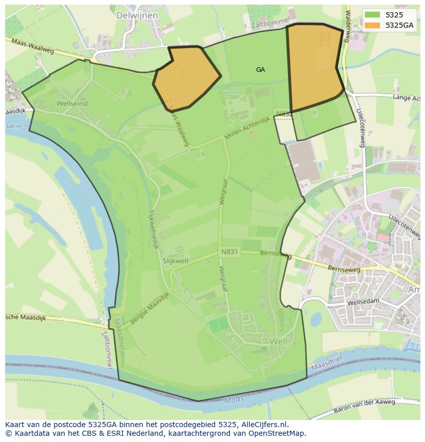 Afbeelding van het postcodegebied 5325 GA op de kaart.