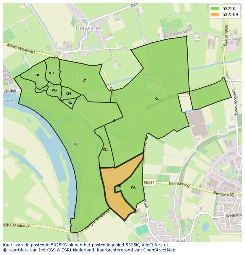 Afbeelding van het postcodegebied 5325 KB op de kaart.