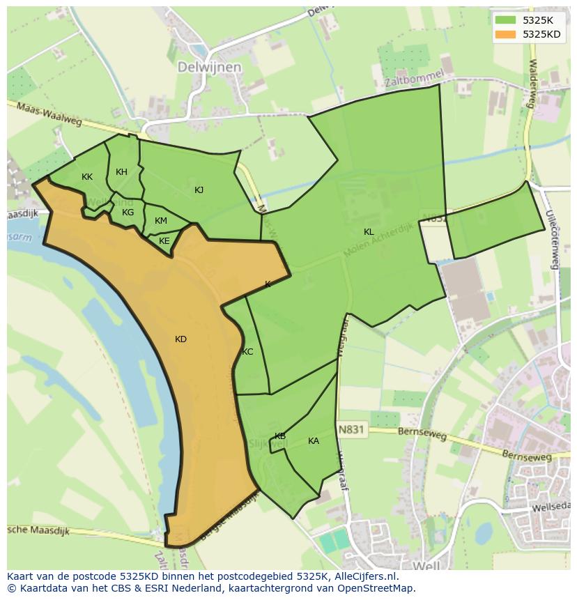 Afbeelding van het postcodegebied 5325 KD op de kaart.