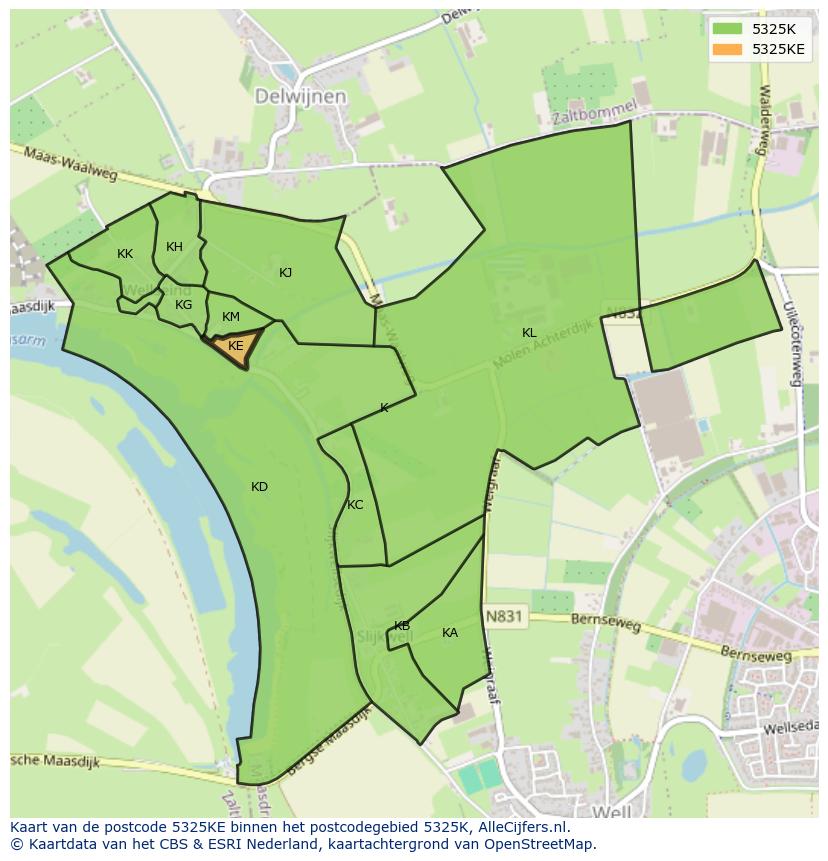 Afbeelding van het postcodegebied 5325 KE op de kaart.
