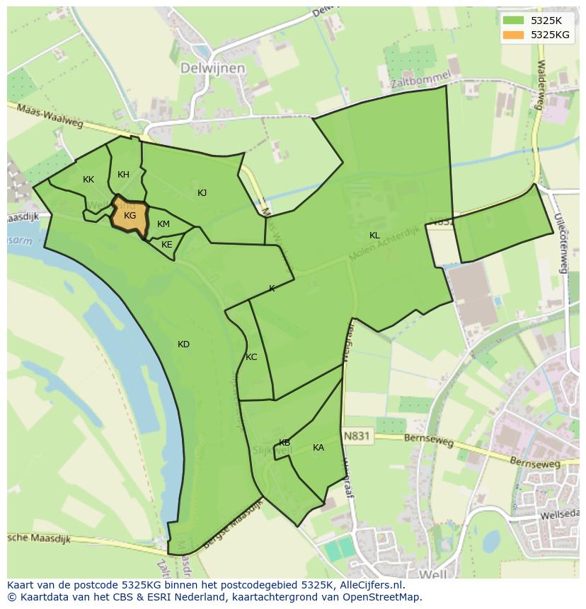 Afbeelding van het postcodegebied 5325 KG op de kaart.