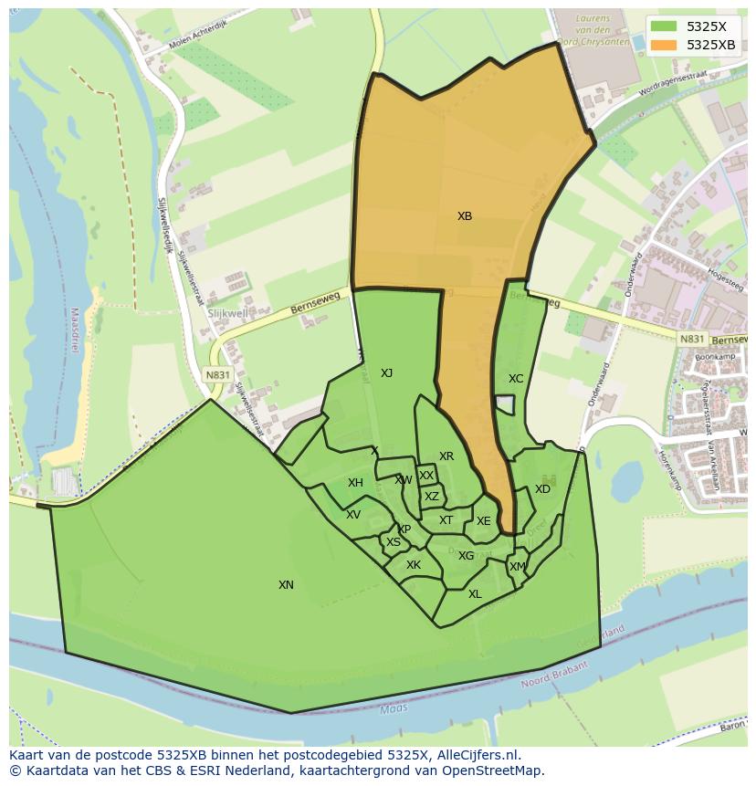Afbeelding van het postcodegebied 5325 XB op de kaart.
