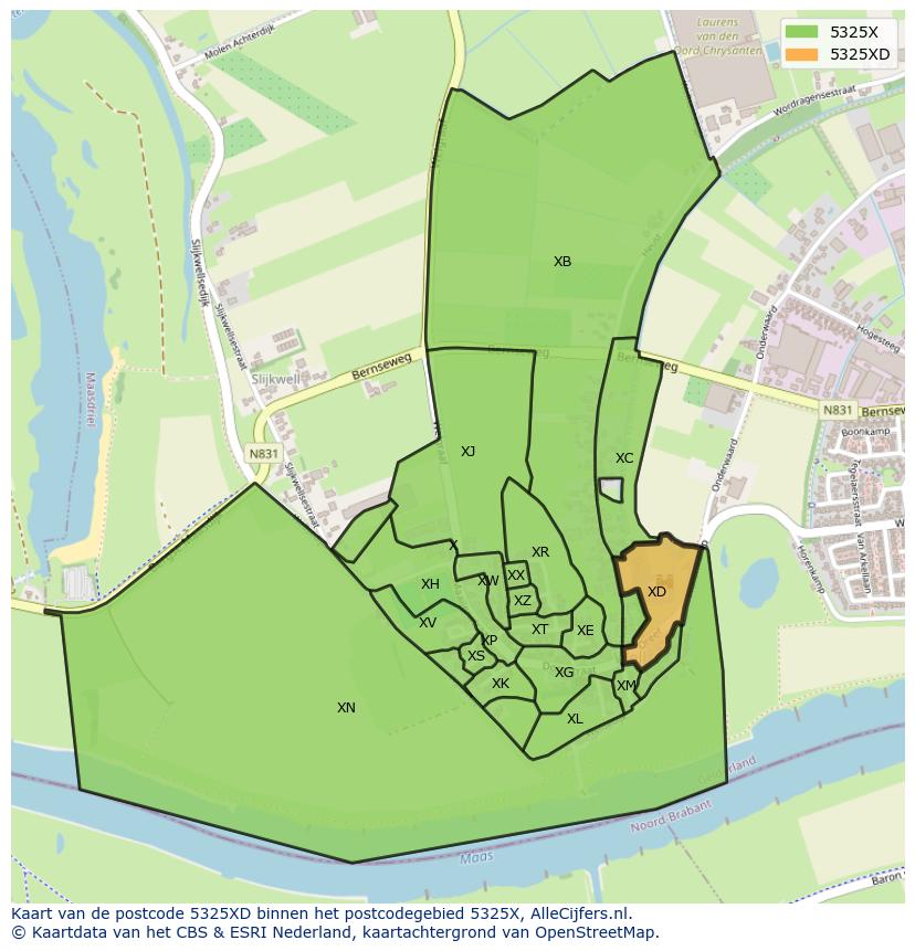 Afbeelding van het postcodegebied 5325 XD op de kaart.