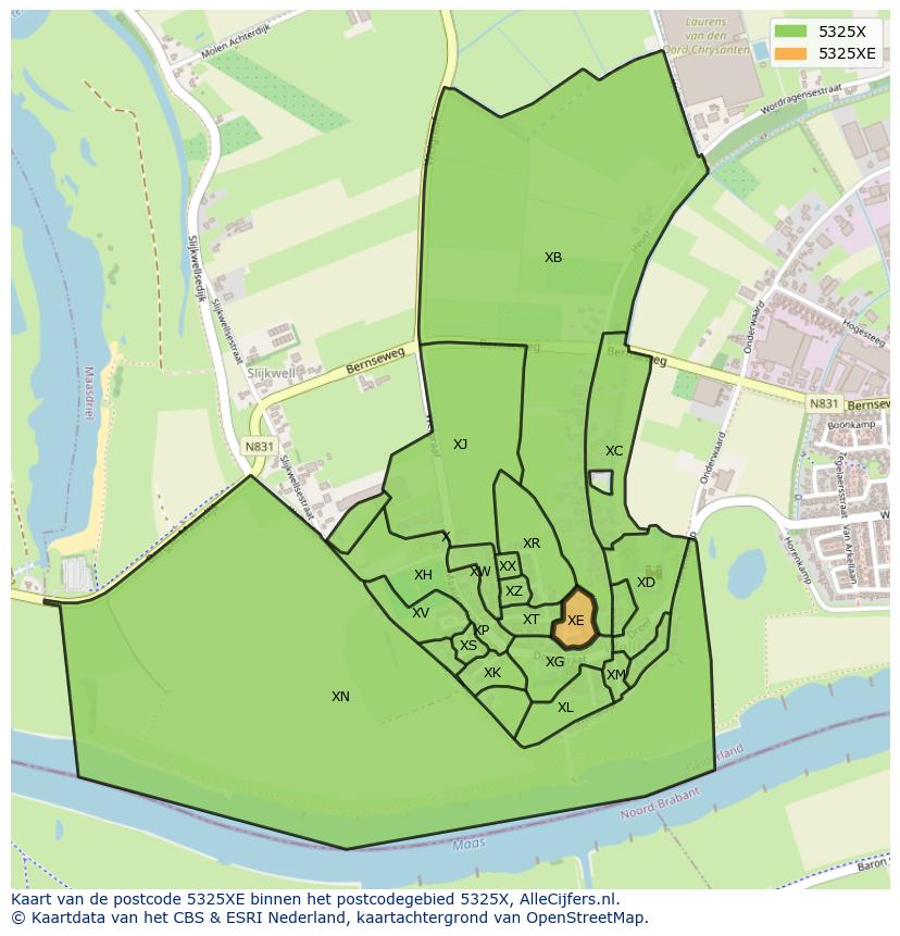 Afbeelding van het postcodegebied 5325 XE op de kaart.