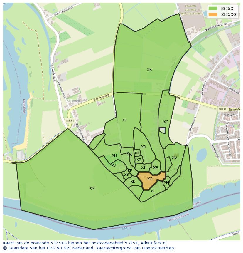 Afbeelding van het postcodegebied 5325 XG op de kaart.