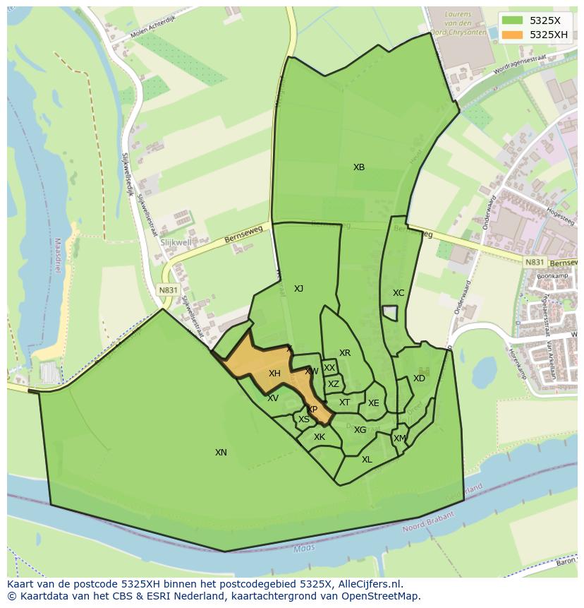 Afbeelding van het postcodegebied 5325 XH op de kaart.