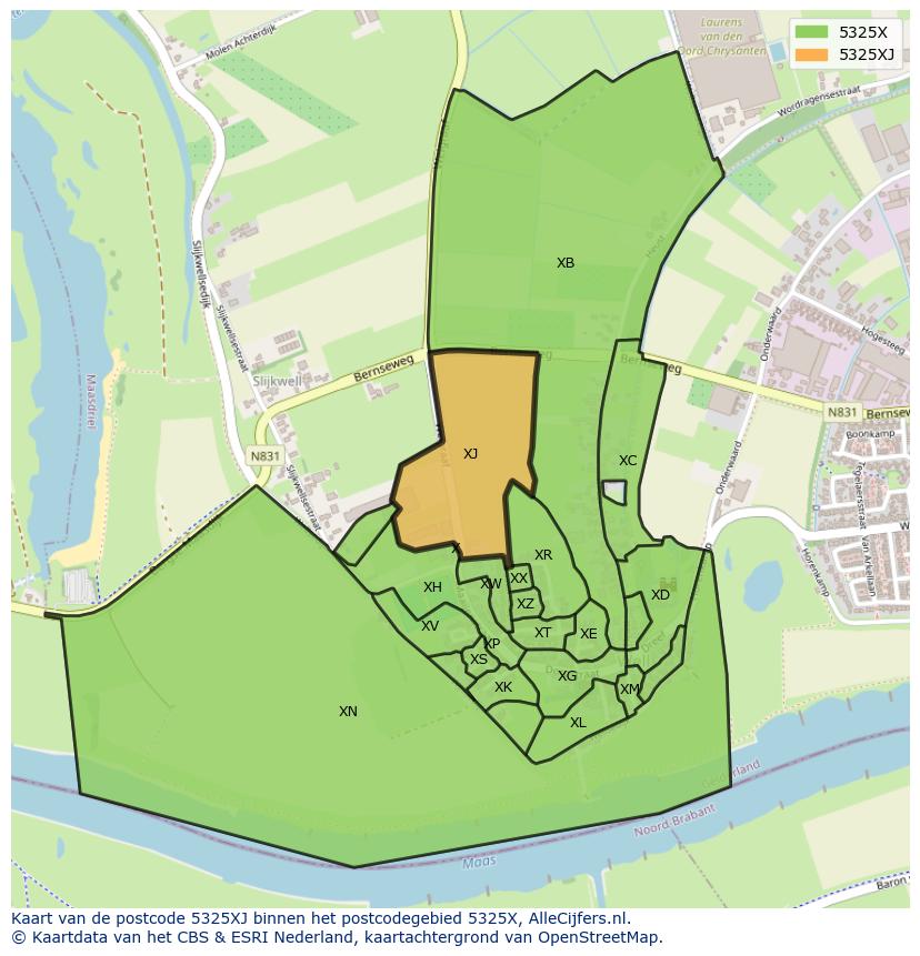 Afbeelding van het postcodegebied 5325 XJ op de kaart.