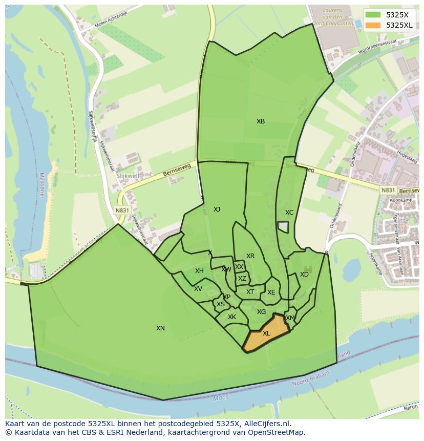 Afbeelding van het postcodegebied 5325 XL op de kaart.