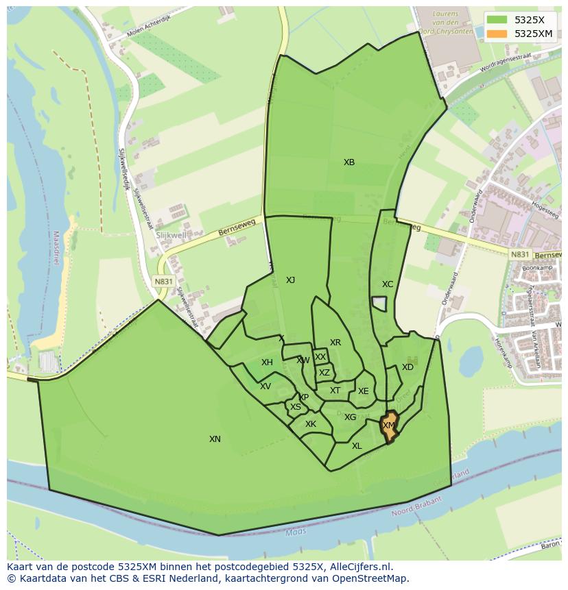 Afbeelding van het postcodegebied 5325 XM op de kaart.