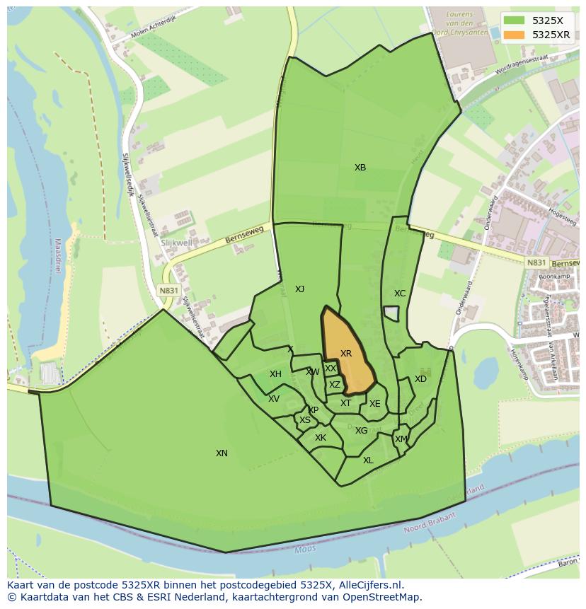 Afbeelding van het postcodegebied 5325 XR op de kaart.