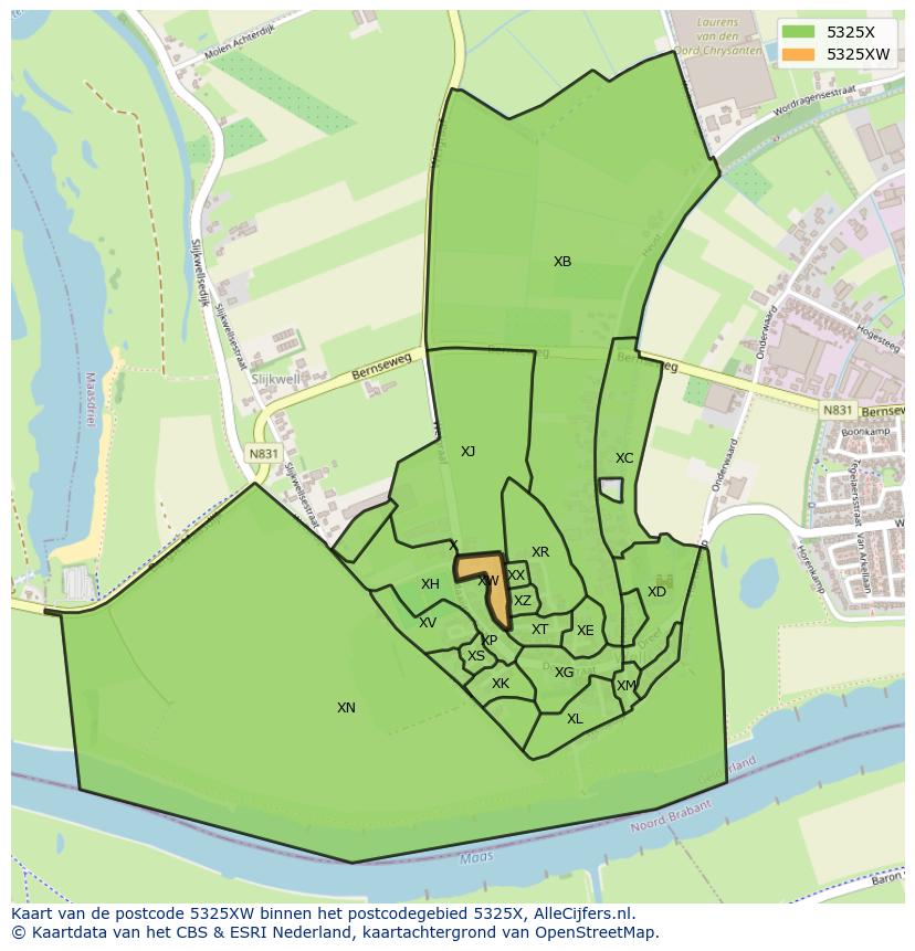 Afbeelding van het postcodegebied 5325 XW op de kaart.
