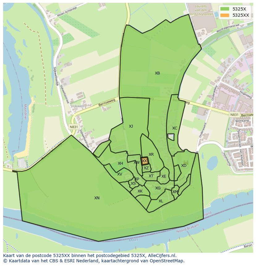 Afbeelding van het postcodegebied 5325 XX op de kaart.