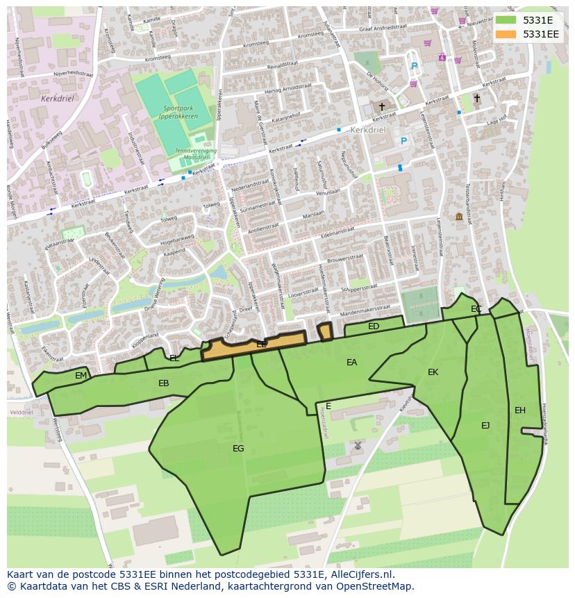 Afbeelding van het postcodegebied 5331 EE op de kaart.
