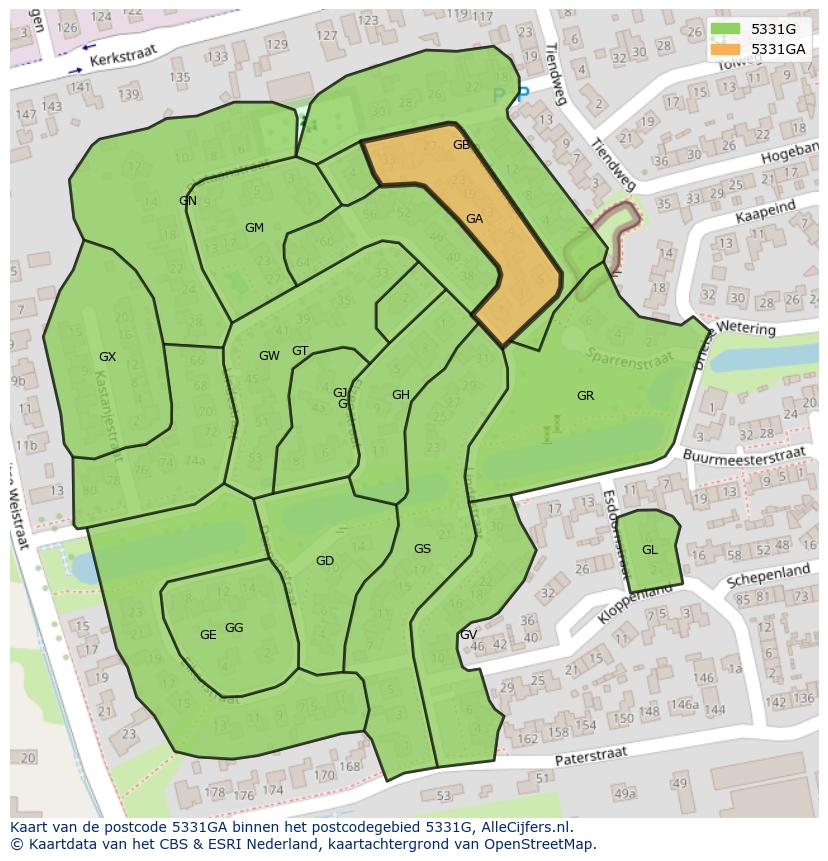 Afbeelding van het postcodegebied 5331 GA op de kaart.