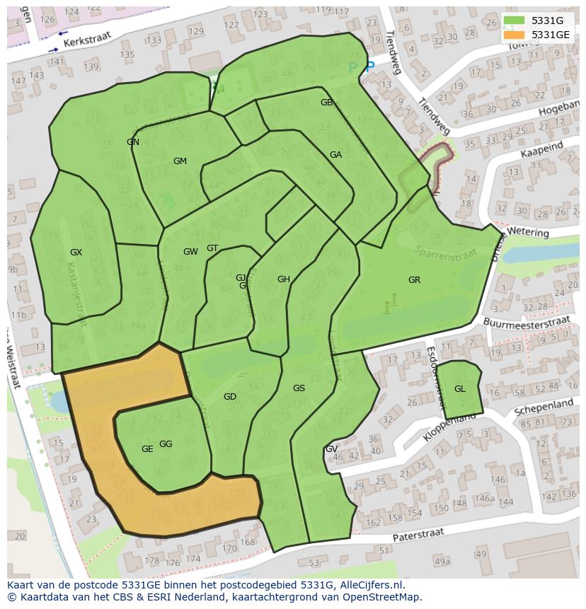 Afbeelding van het postcodegebied 5331 GE op de kaart.