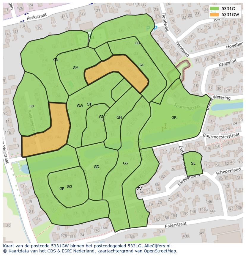 Afbeelding van het postcodegebied 5331 GW op de kaart.