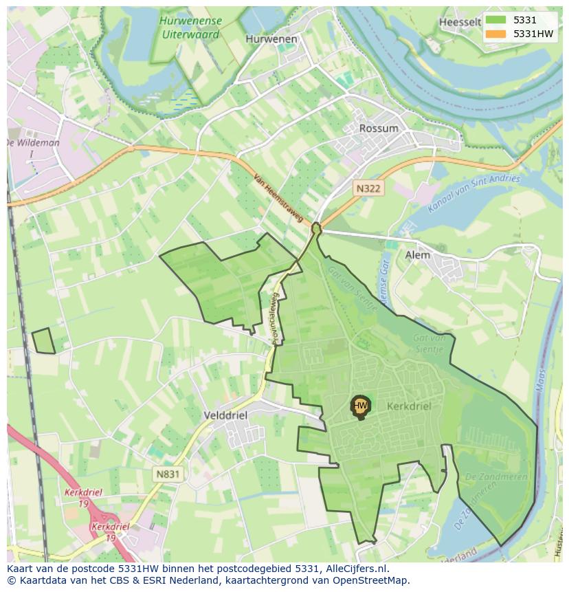 Afbeelding van het postcodegebied 5331 HW op de kaart.