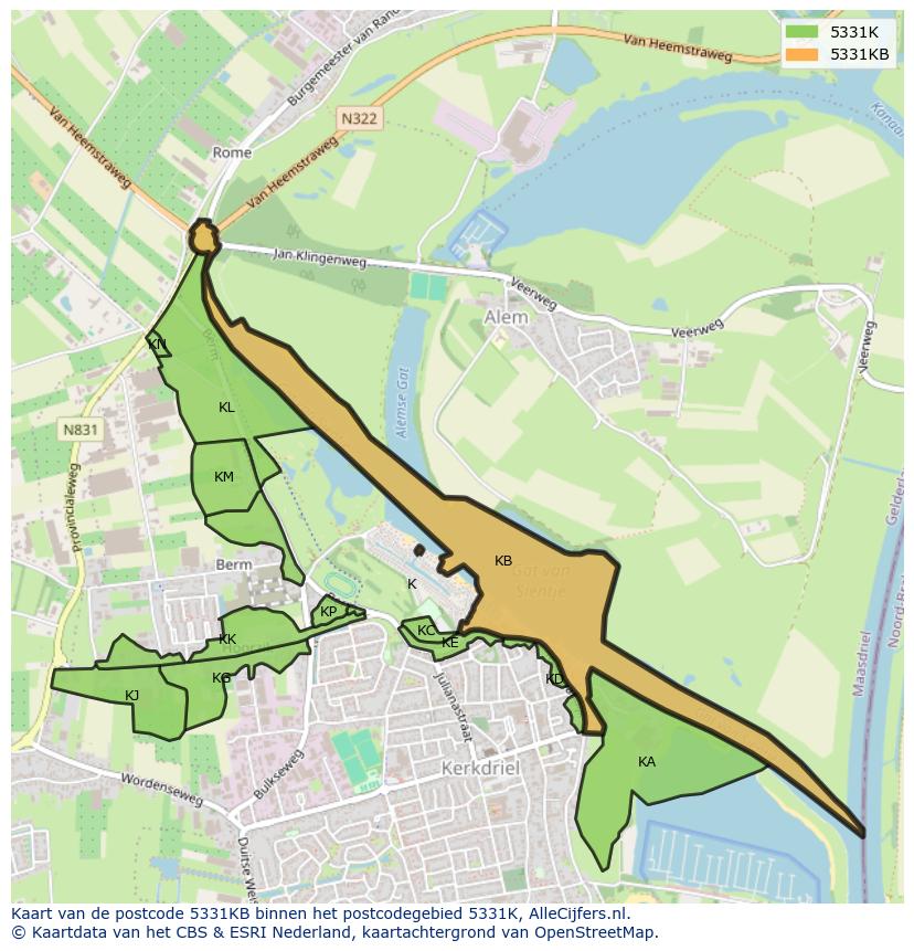 Afbeelding van het postcodegebied 5331 KB op de kaart.