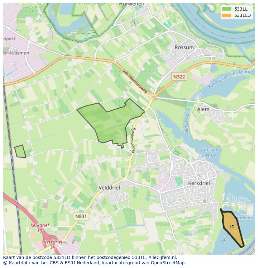 Afbeelding van het postcodegebied 5331 LD op de kaart.