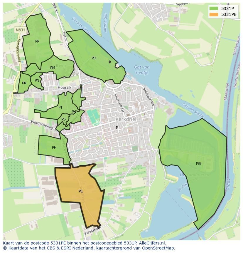 Afbeelding van het postcodegebied 5331 PE op de kaart.