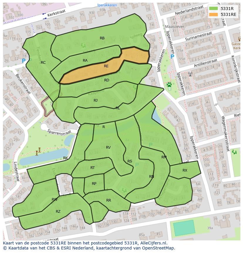 Afbeelding van het postcodegebied 5331 RE op de kaart.