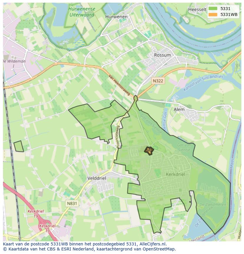 Afbeelding van het postcodegebied 5331 WB op de kaart.