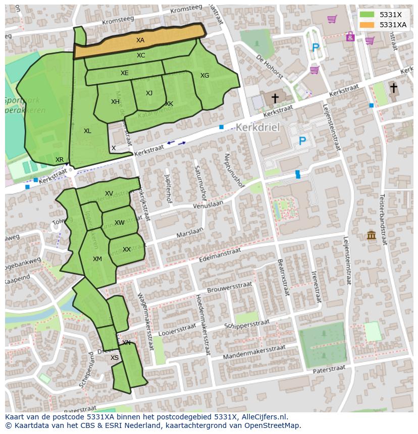 Afbeelding van het postcodegebied 5331 XA op de kaart.