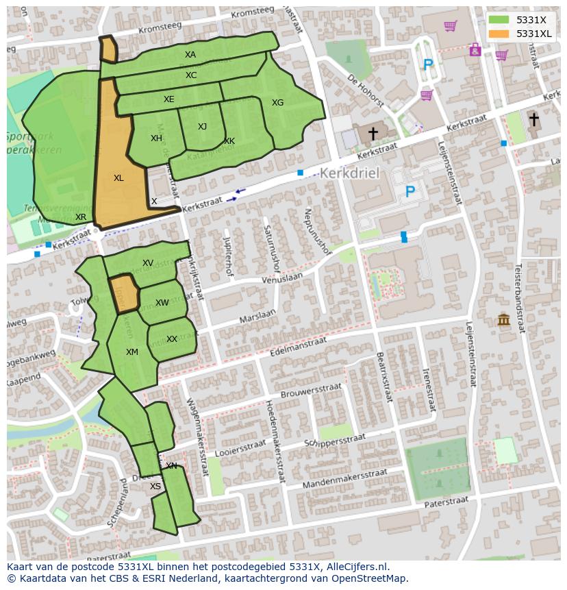 Afbeelding van het postcodegebied 5331 XL op de kaart.
