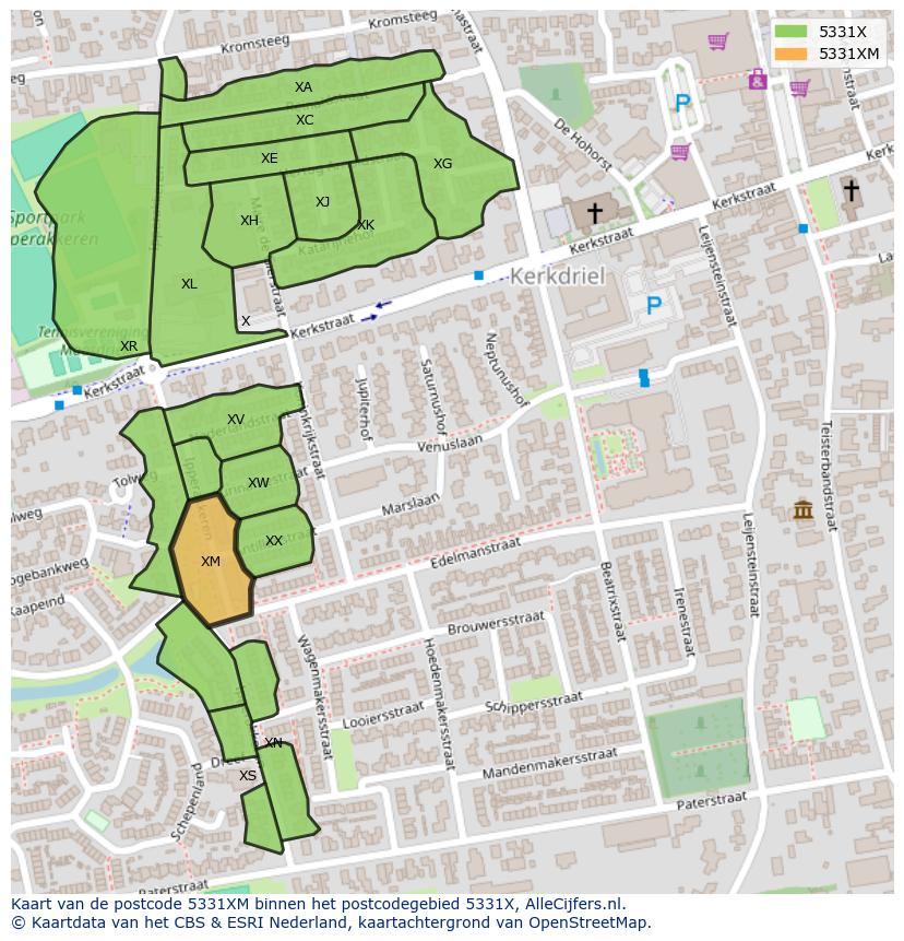 Afbeelding van het postcodegebied 5331 XM op de kaart.