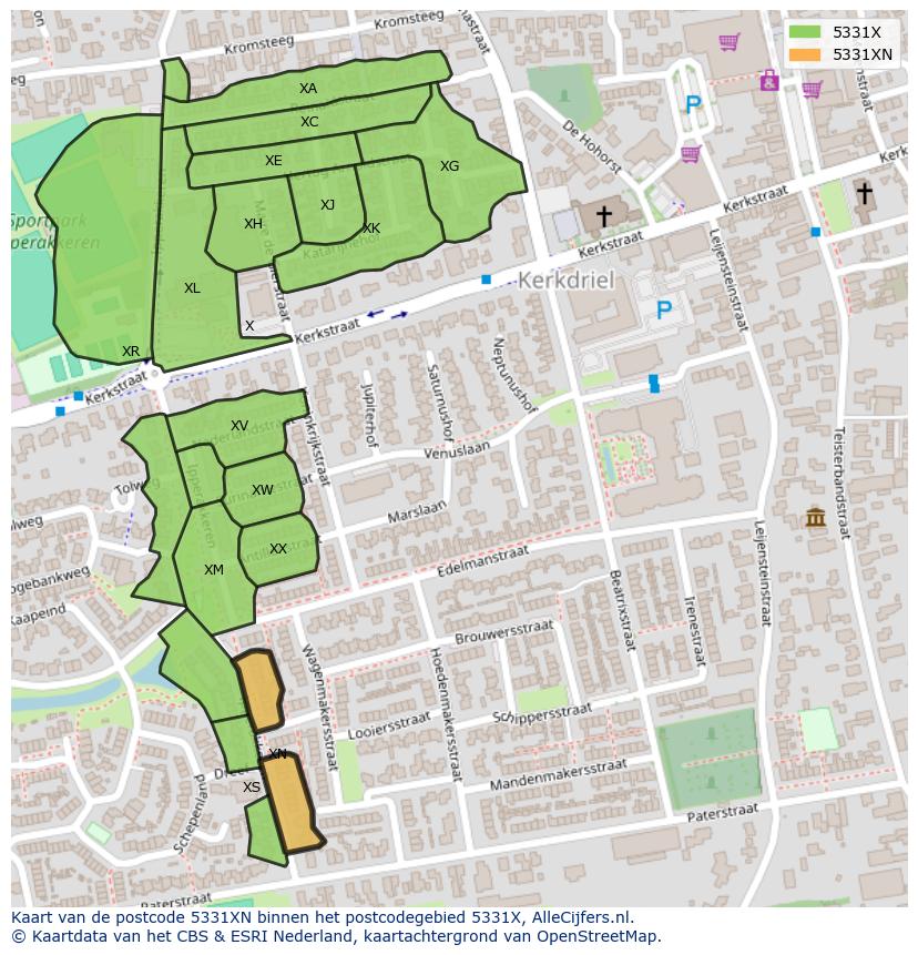 Afbeelding van het postcodegebied 5331 XN op de kaart.