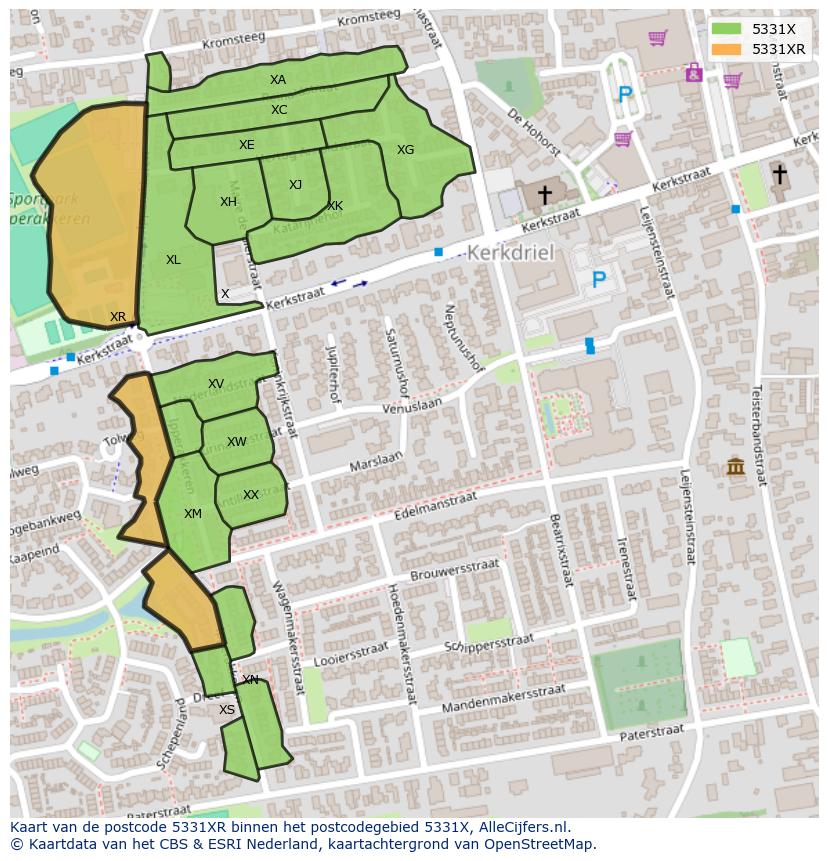 Afbeelding van het postcodegebied 5331 XR op de kaart.