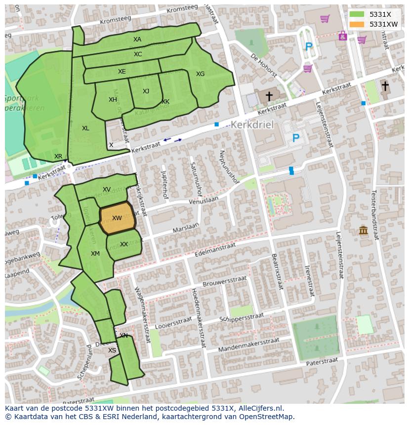 Afbeelding van het postcodegebied 5331 XW op de kaart.
