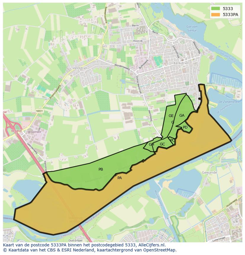 Afbeelding van het postcodegebied 5333 PA op de kaart.