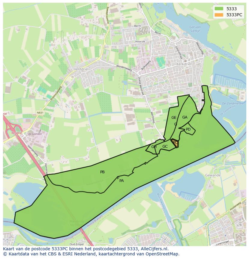 Afbeelding van het postcodegebied 5333 PC op de kaart.