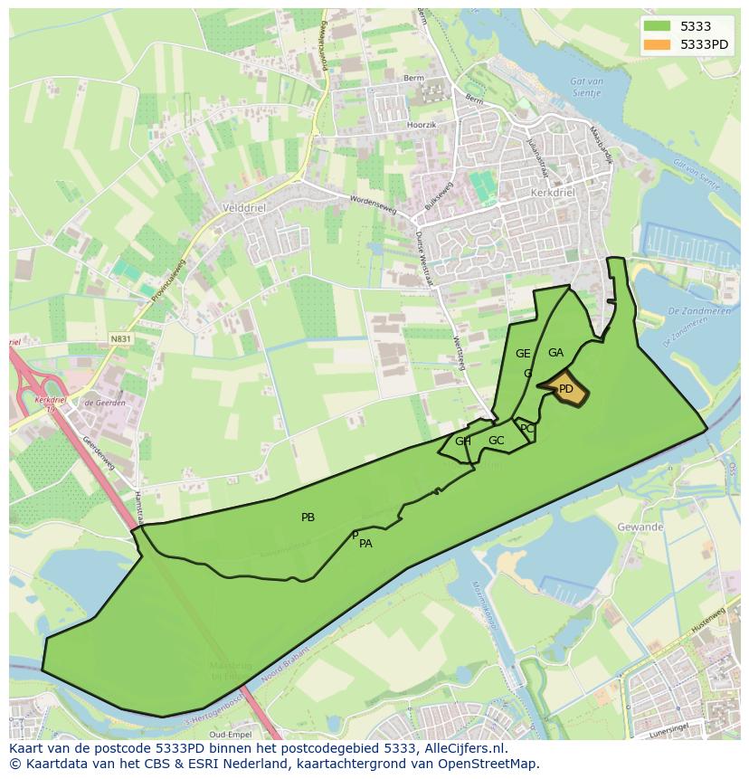 Afbeelding van het postcodegebied 5333 PD op de kaart.