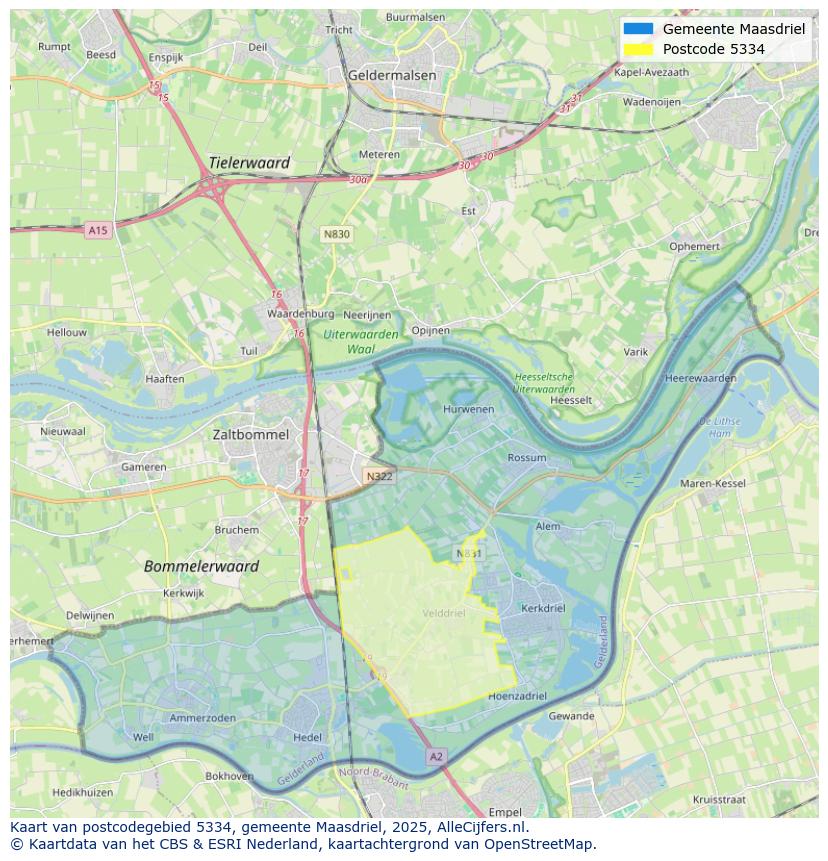 Afbeelding van het postcodegebied 5334 op de kaart.