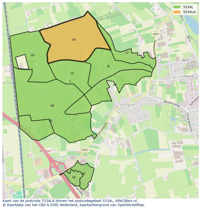 Afbeelding van het postcodegebied 5334 LA op de kaart.