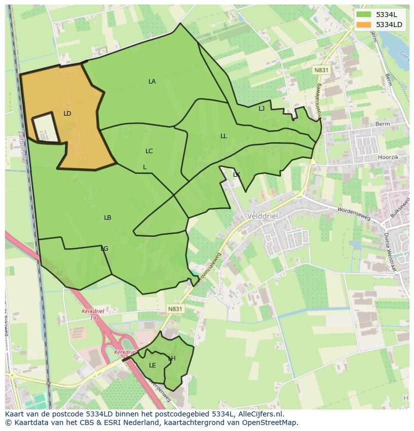 Afbeelding van het postcodegebied 5334 LD op de kaart.