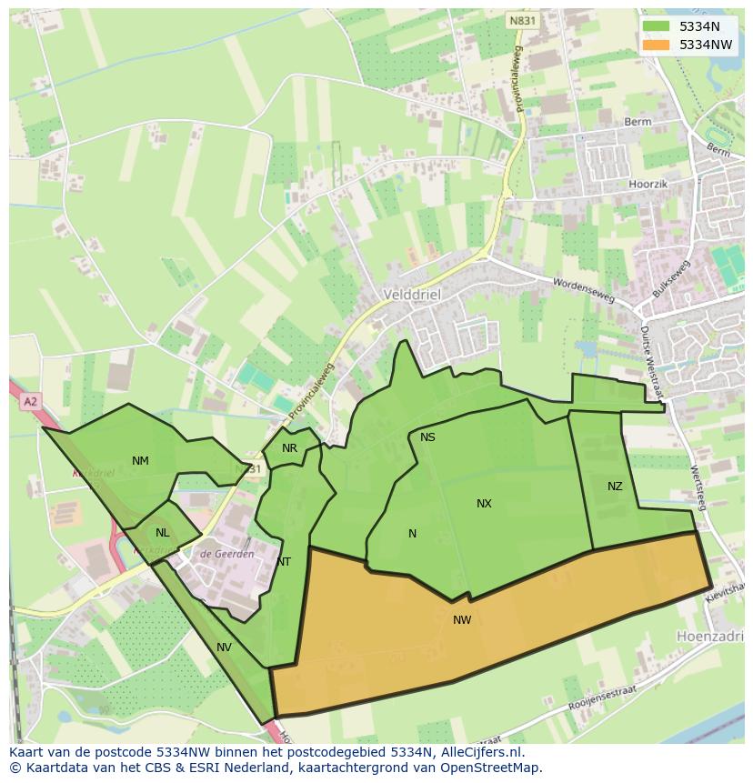 Afbeelding van het postcodegebied 5334 NW op de kaart.