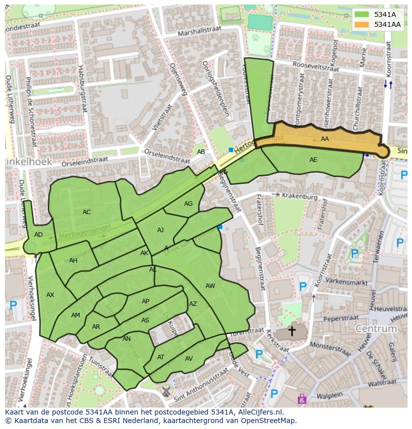Afbeelding van het postcodegebied 5341 AA op de kaart.