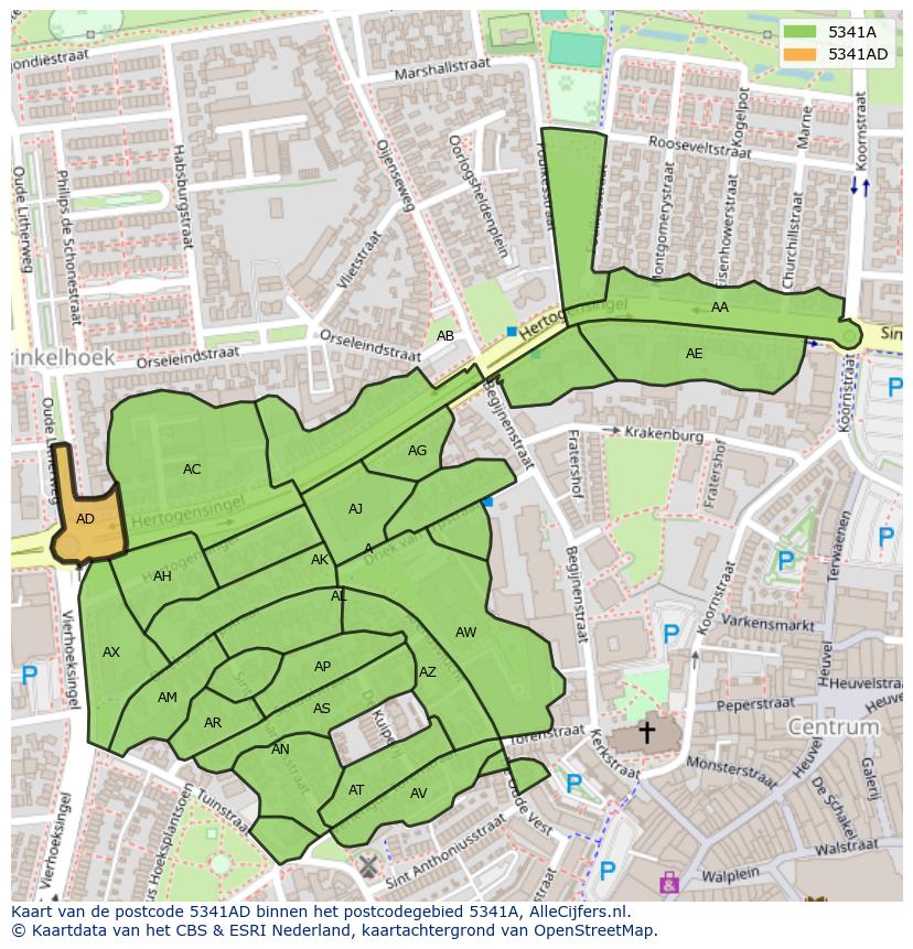 Afbeelding van het postcodegebied 5341 AD op de kaart.